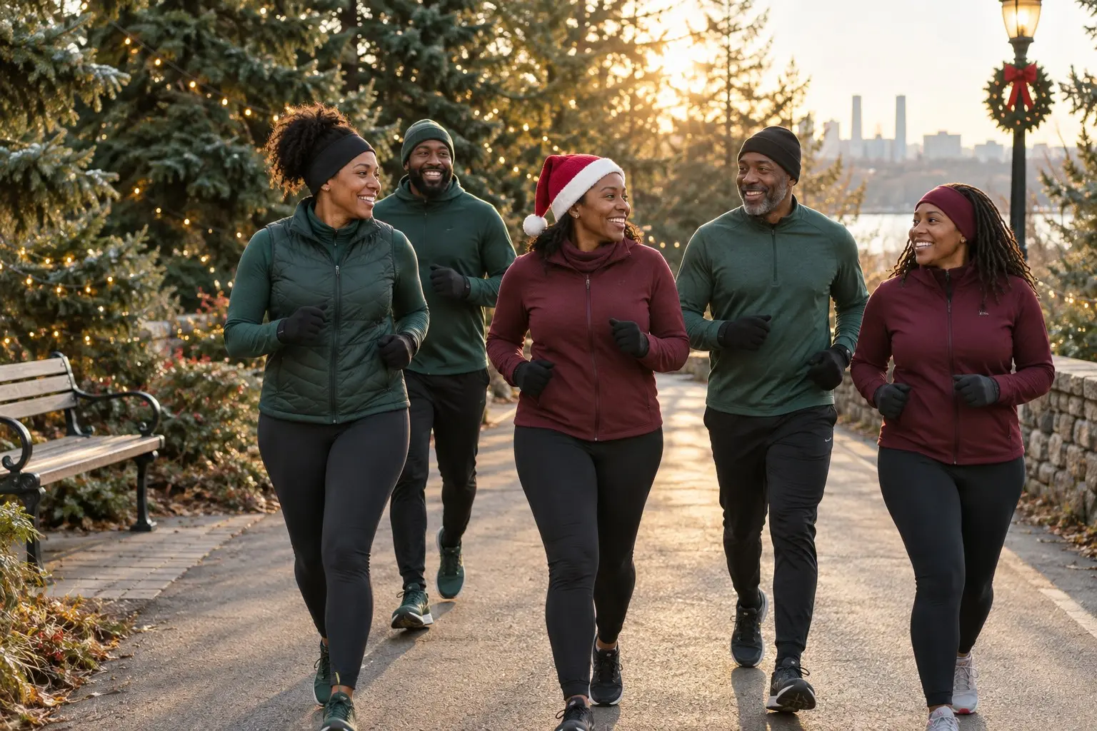 Friends jogging together in a winter park during the holiday season