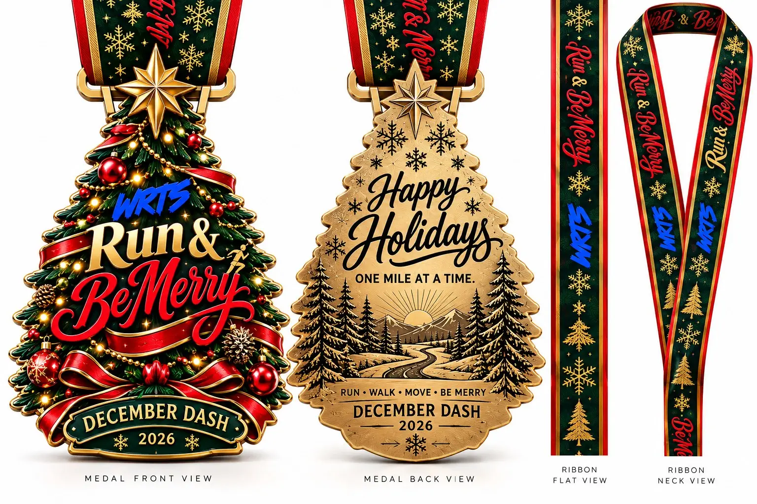 December Dash 2026 tree-shaped medal, reverse, and Run and Be Merry ribbon concept artwork